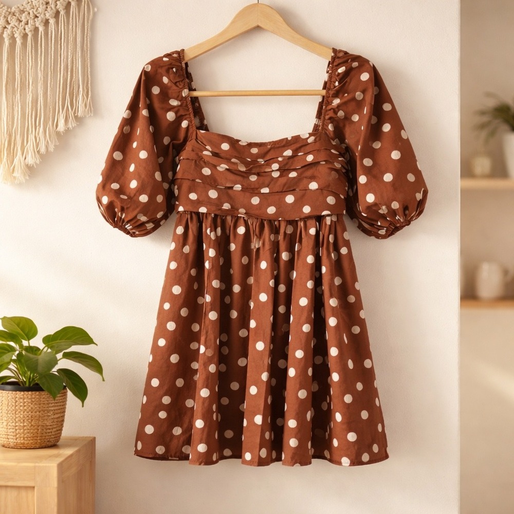 Abercrombie & Fitch Brown Polka Dot Puff Sleeve Smocked Mini Dress Womens Small